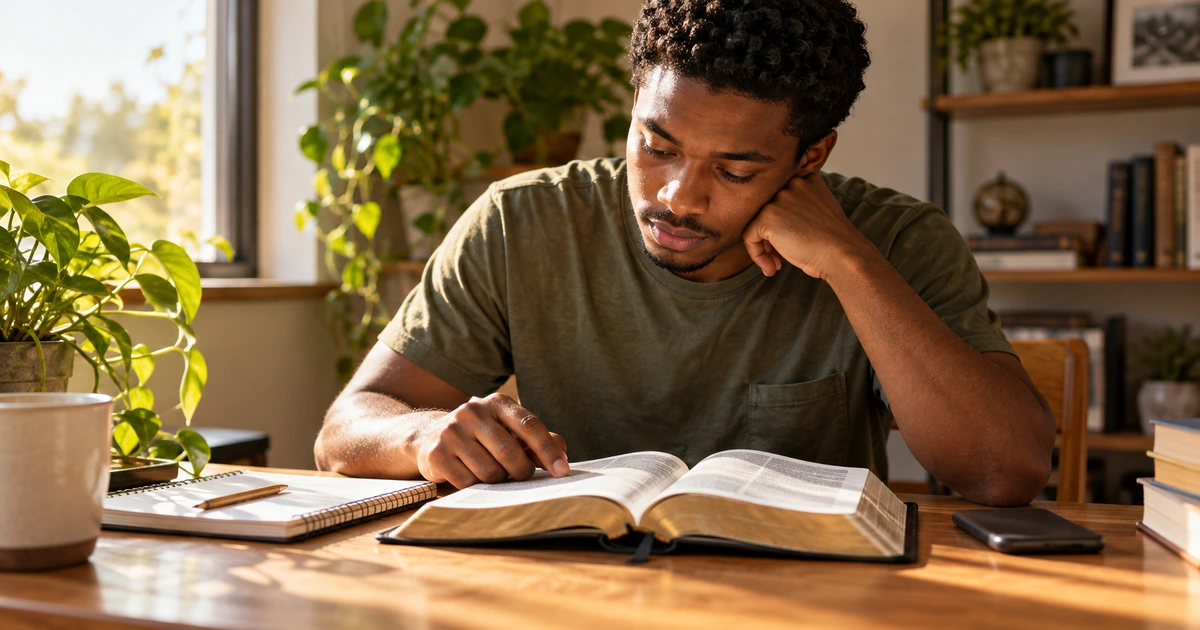 Um jovem estuda uma Bíblia aberta à mesa, com caderno, lápis e o celular deixado de lado.