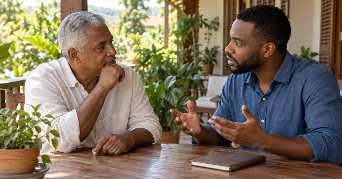 Dois homens conversam com atenção e respeito em uma varanda, com gestos naturais de escuta e explicação.