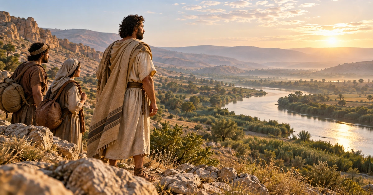 Uma cena ilustrativa de viajantes do antigo Israel mostra um líder e dois companheiros observando um vale com rio ao amanhecer.