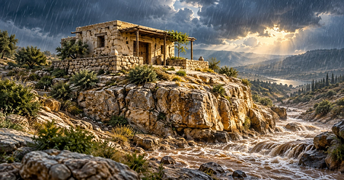Uma casa simples de pedra sobre uma rocha firme permanece sob a chuva, com um curso de água passando pelo vale abaixo.