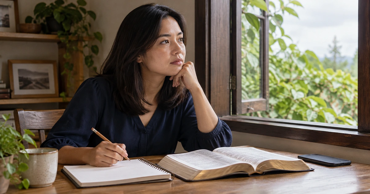 Uma mulher faz uma pausa durante a leitura de uma Bíblia, com um caderno aberto e o celular deixado de lado.