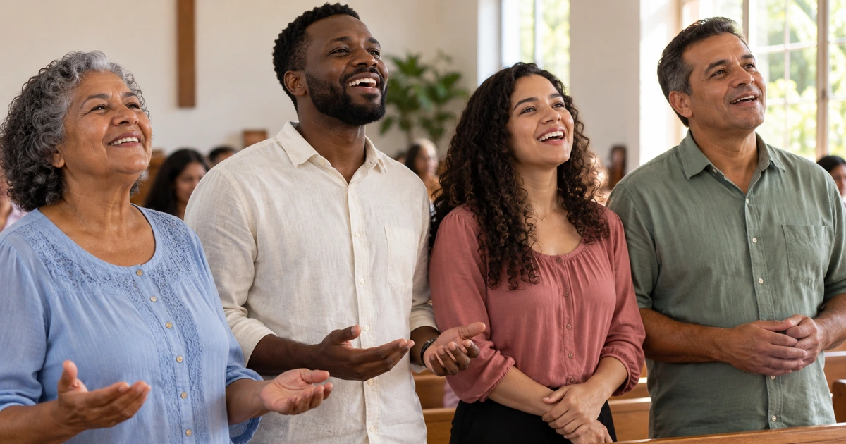 Quatro adultos de diferentes gerações cantam com alegria em uma igreja simples e iluminada.