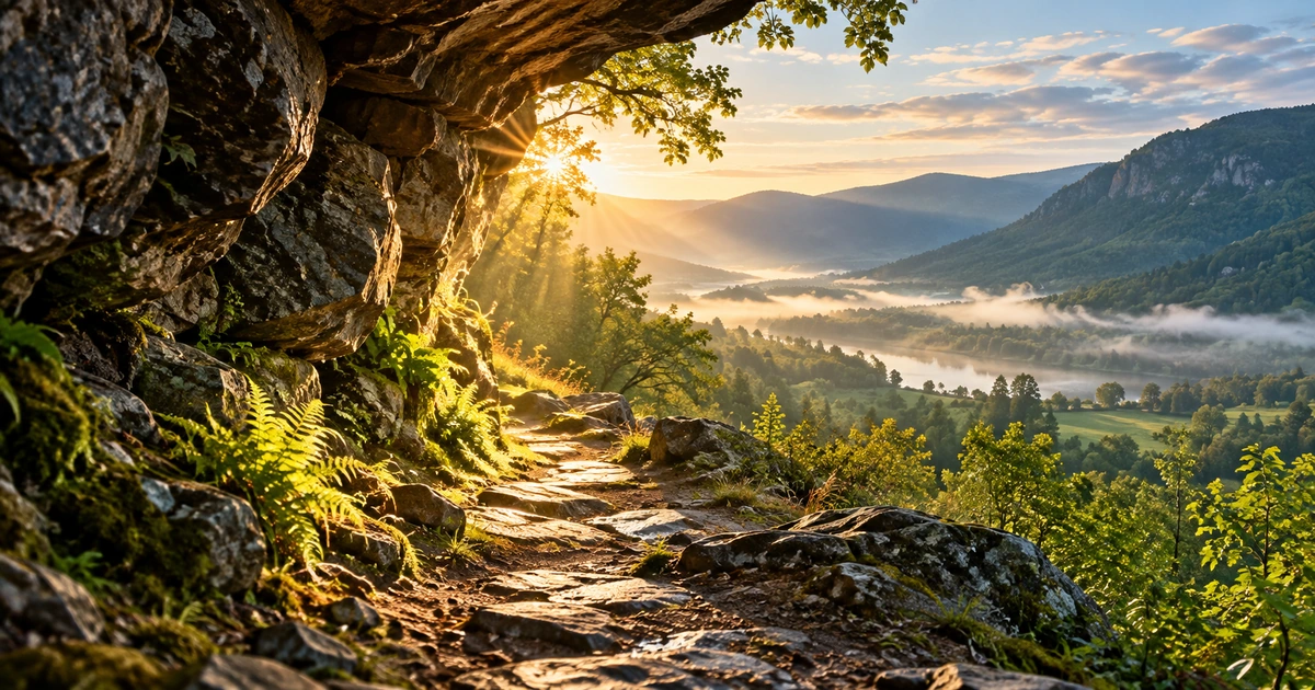Um caminho de pedra sai da sombra de um abrigo rochoso e recebe a luz da manhã diante de um vale verde.