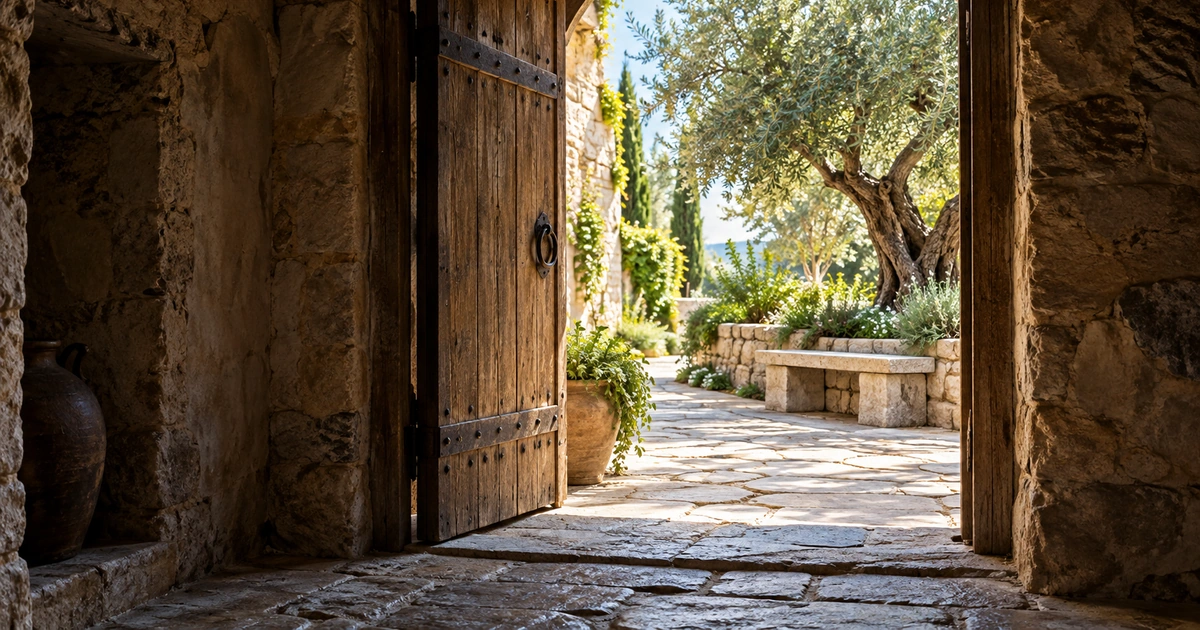 Uma porta de madeira aberta revela um caminho livre para um pátio iluminado com uma oliveira.