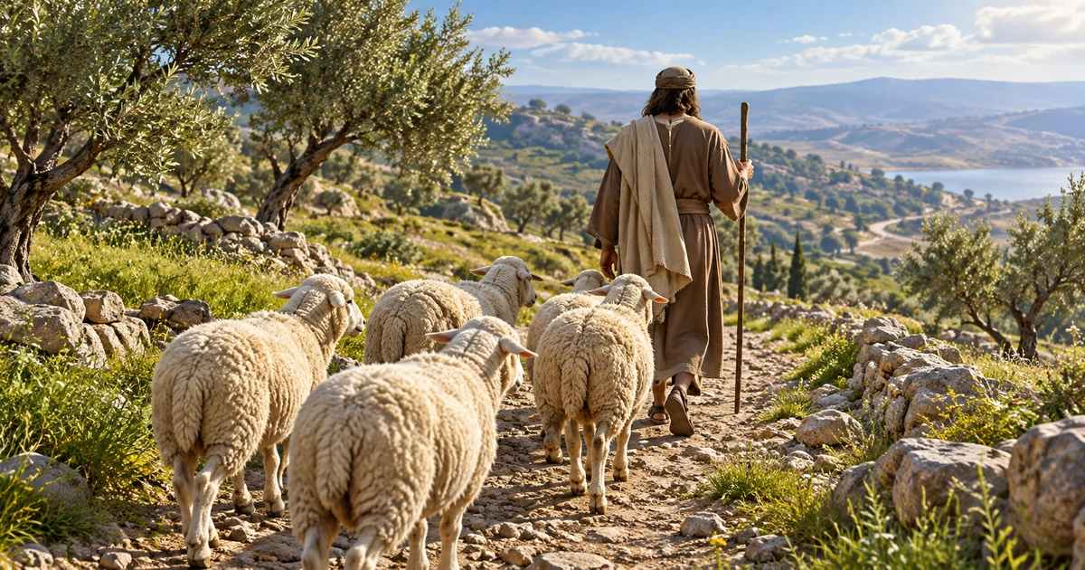 Um pequeno rebanho de ovelhas segue um pastor por um caminho entre oliveiras e colinas verdes.