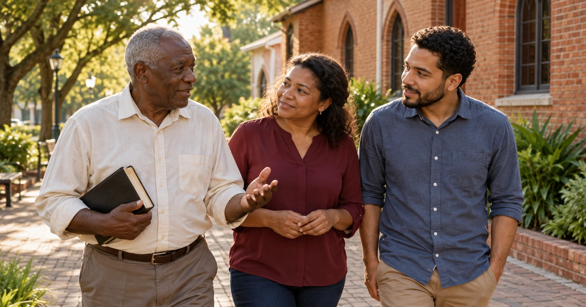 Três adultos de diferentes gerações conversam enquanto caminham juntos junto a uma igreja de tijolos.