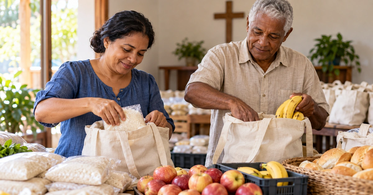 Dois voluntários organizam alimentos em sacolas de tecido para um serviço de ajuda, em um ambiente de igreja.