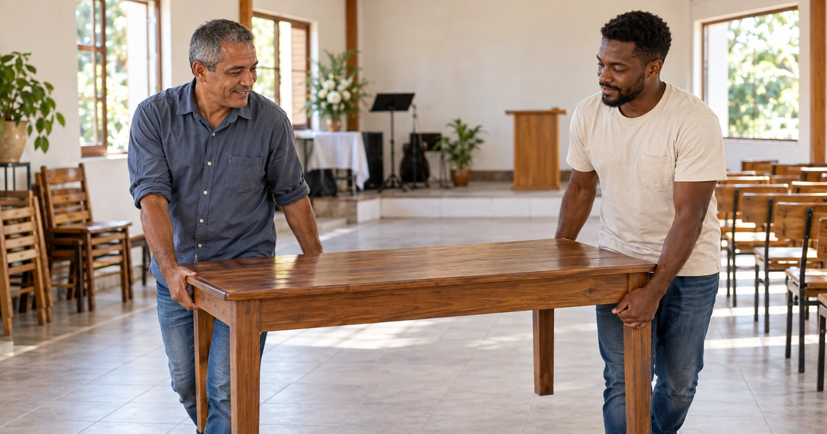 Dois homens carregam juntos uma mesa de madeira durante a preparação de um espaço de igreja.