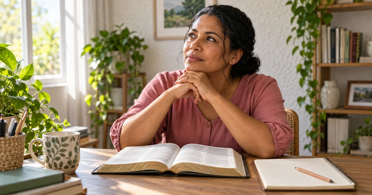 Uma mulher faz uma pausa de reflexão diante de uma Bíblia e um caderno, em uma mesa de estudo.