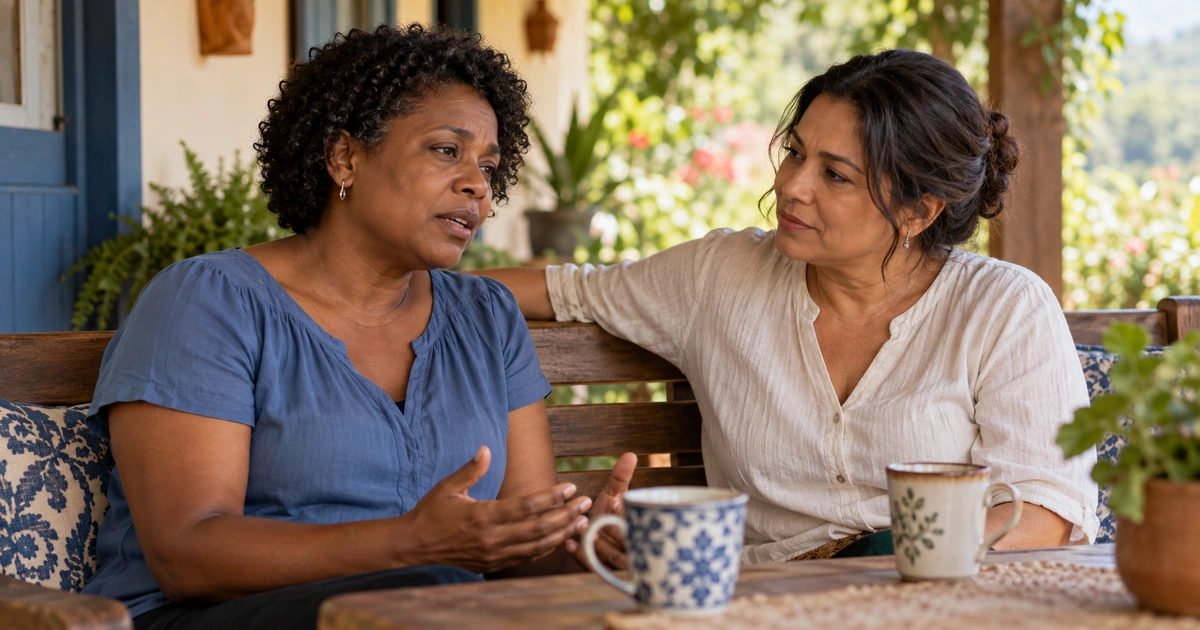 Duas amigas conversam com atenção em um banco de varanda, com xícaras sobre uma mesa à frente.