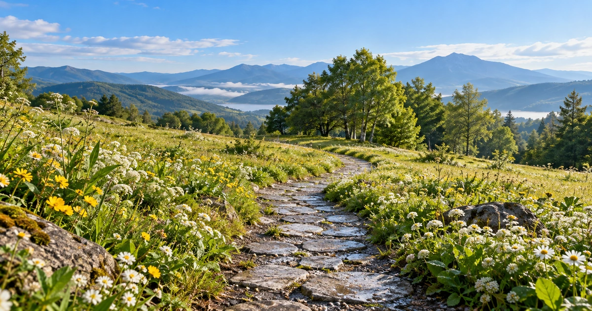 Um caminho de pedras atravessa um campo de pequenas flores e segue em direção a árvores e colinas.