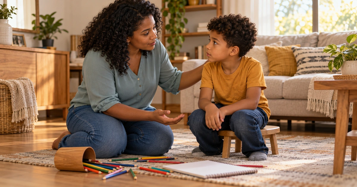 Uma mãe conversa com gentileza com seu filho, sentados próximos a lápis que caíram no chão.