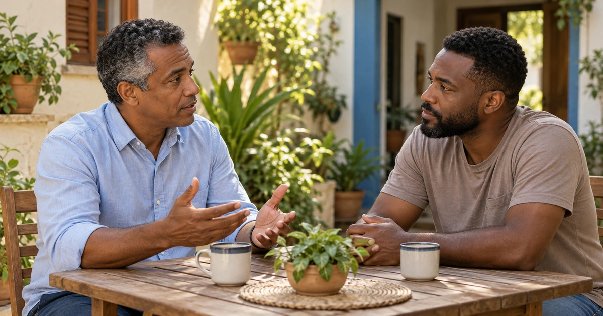 Dois homens conversam com seriedade e respeito em uma mesa de pátio, sem gestos de hostilidade.