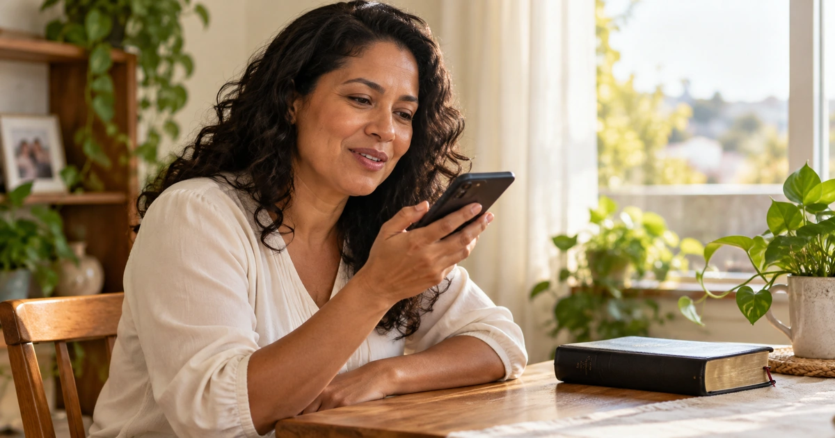 Uma mulher fala ao celular com expressão atenta, sentada perto de uma Bíblia sobre a mesa.