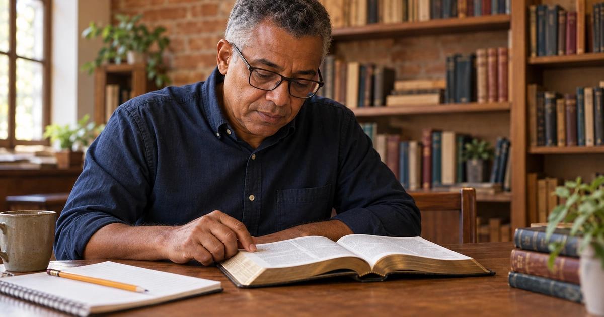 Um homem de óculos estuda uma Bíblia aberta em uma biblioteca simples, com caderno e lápis sobre a mesa.