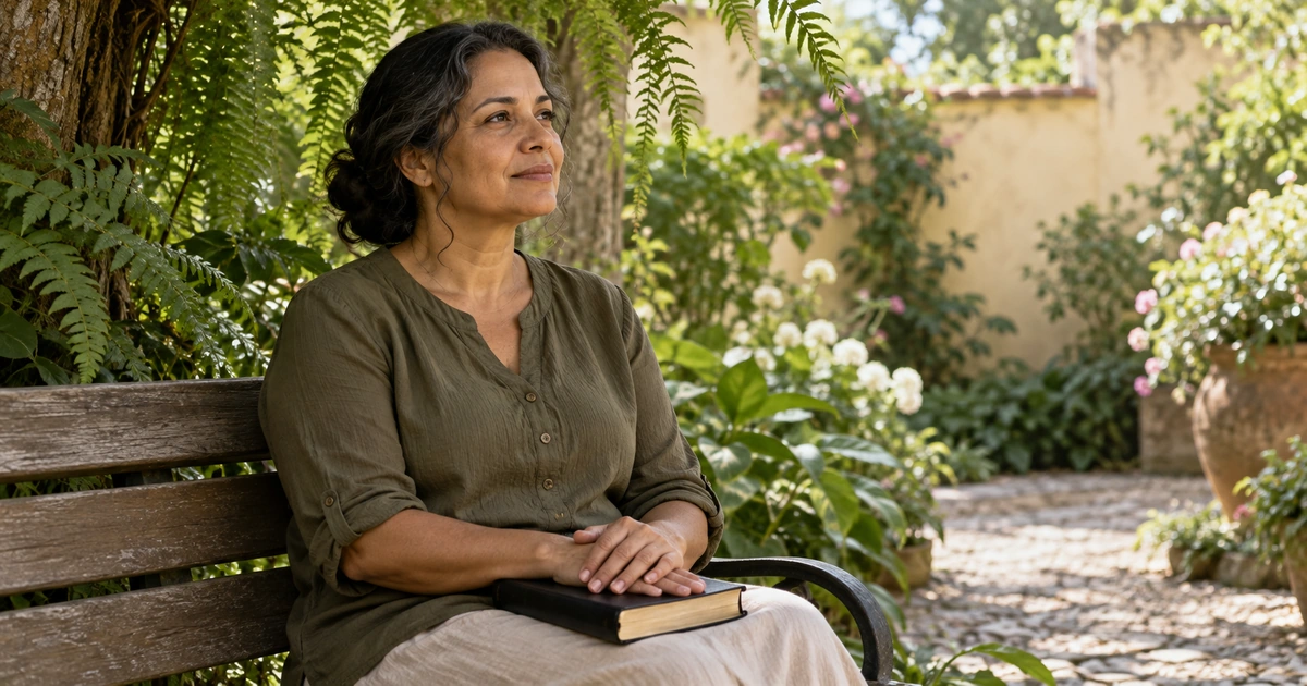 Uma mulher descansa em um banco de jardim, com uma Bíblia fechada no colo e as mãos tranquilas sobre ela.