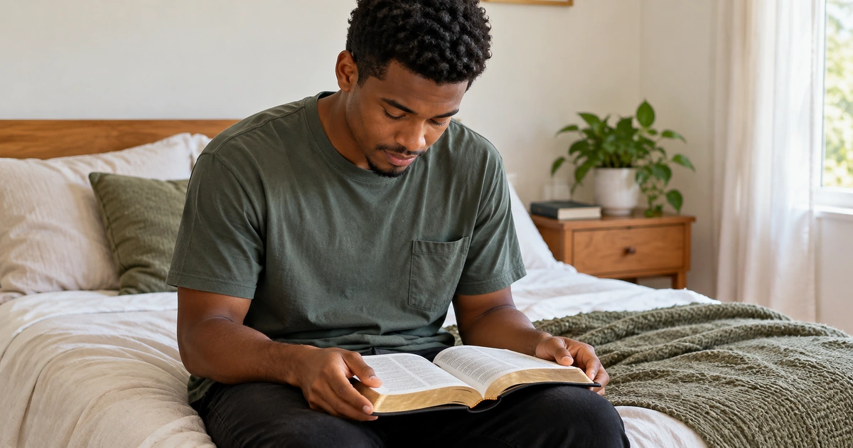 Um jovem mantém a cabeça inclinada diante de uma Bíblia aberta no colo, em um quarto simples e iluminado.