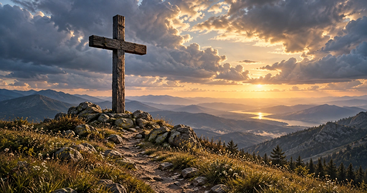 Uma cruz simples de madeira se destaca sobre uma colina rochosa, diante de montanhas e de uma abertura de luz no céu.