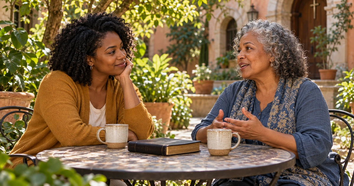 Duas mulheres conversam com atenção em um pátio arborizado, com uma Bíblia fechada e duas xícaras sobre a mesa.