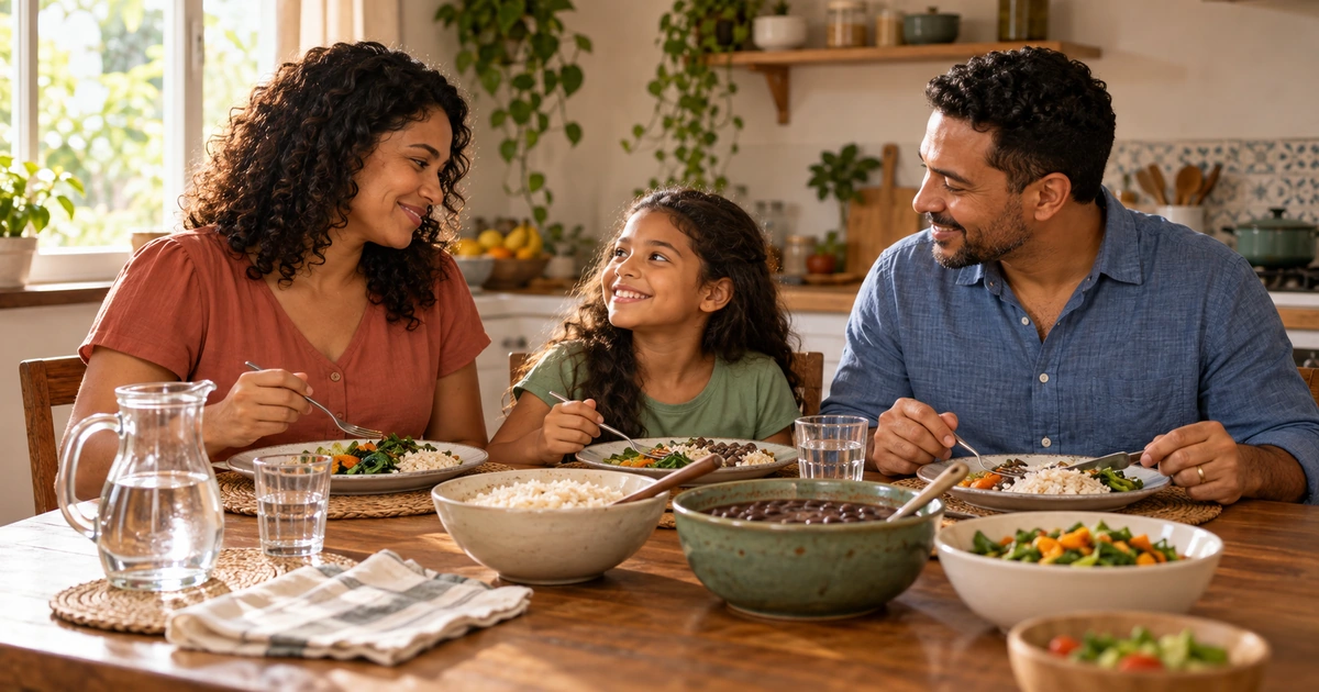 Uma família está reunida à mesa para uma refeição simples em casa, em um ambiente acolhedor e iluminado naturalmente.