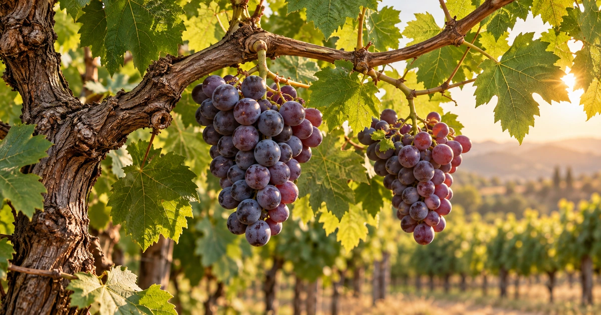 Cachos de uvas maduras permanecem ligados a ramos de uma videira, com folhas verdes iluminadas pelo sol.