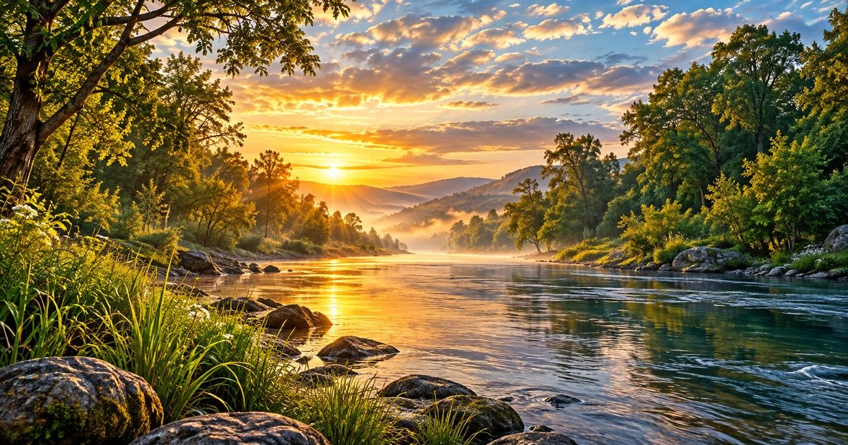 A luz do amanhecer atravessa nuvens sobre um rio tranquilo, entre margens arborizadas.