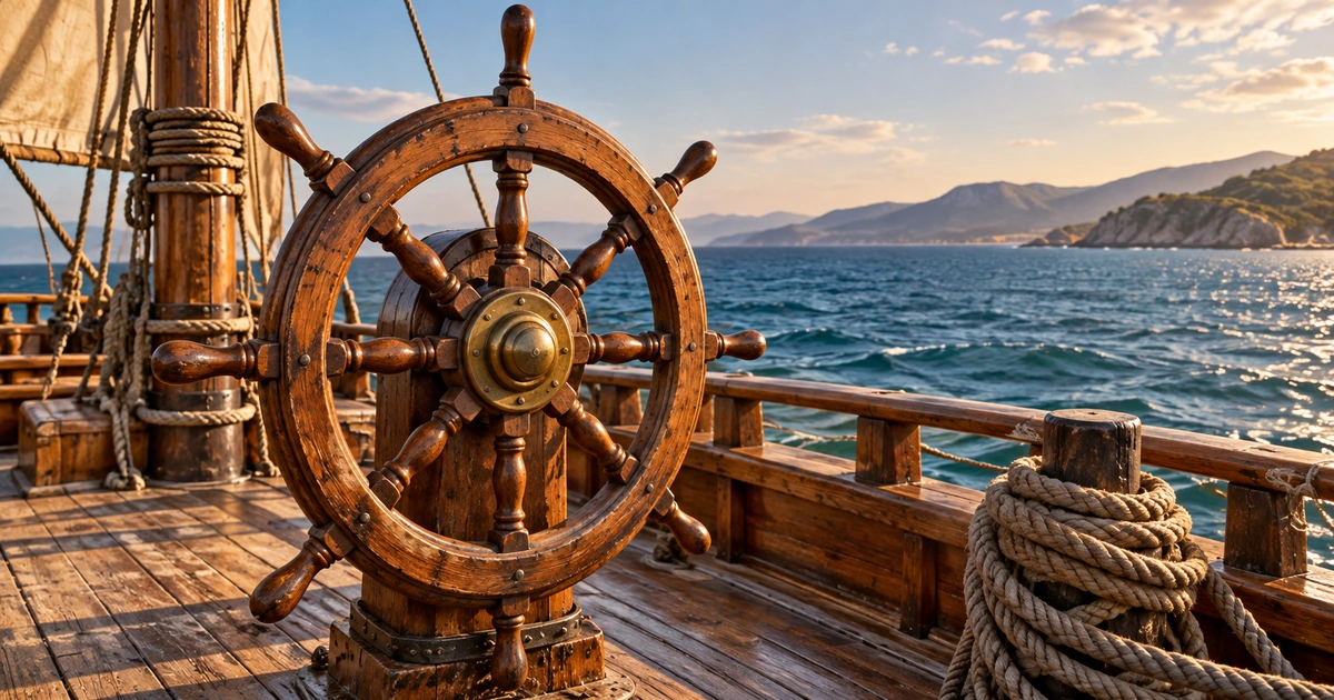 Um timão de madeira e cordas aparecem no convés de um barco tradicional, com o mar ao fundo.