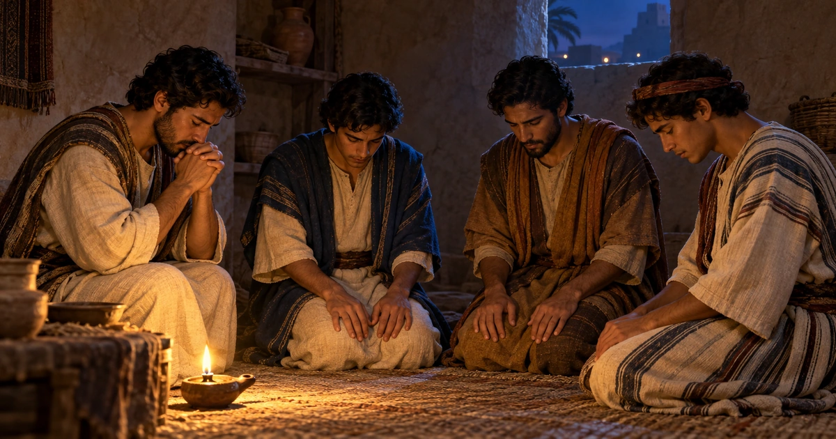 Quatro homens em vestes antigas oram juntos em um ambiente simples iluminado por uma lamparina.