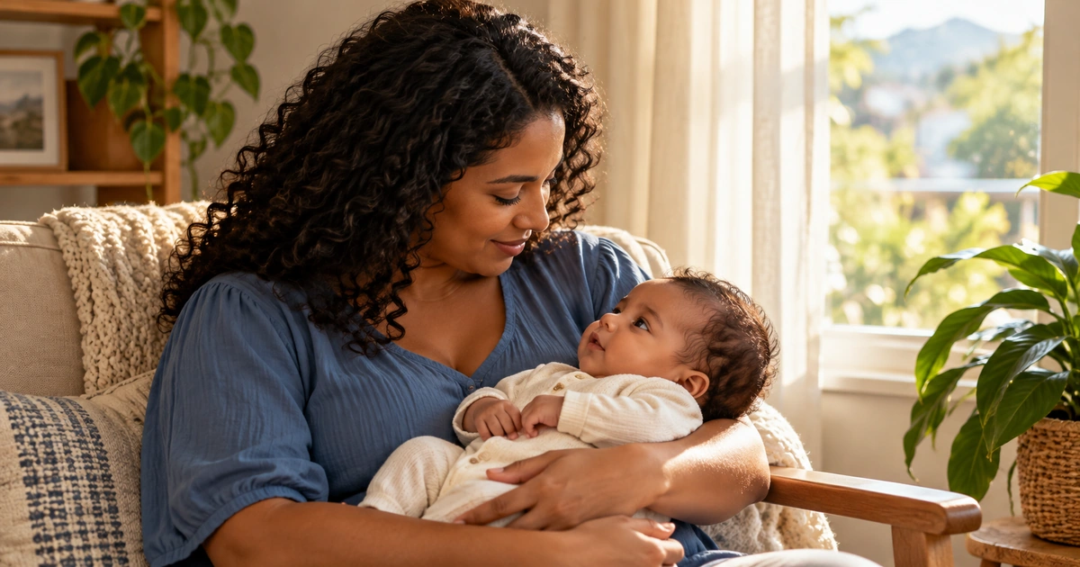 Uma mãe segura seu bebê com cuidado junto à janela de uma casa iluminada pela luz natural.