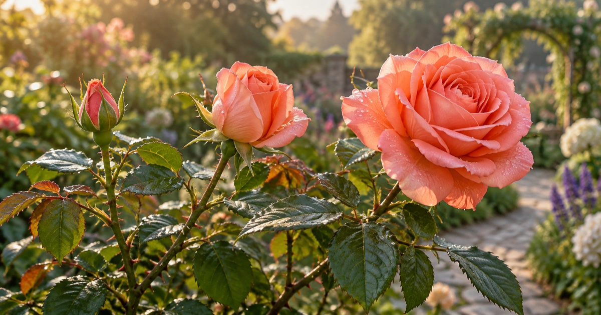 Um botão, uma rosa começando a abrir e uma rosa aberta aparecem entre folhas de uma roseira sob a luz da manhã.