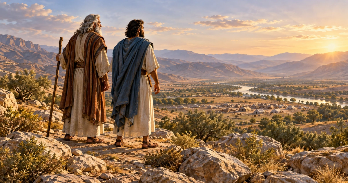 Dois homens em vestes antigas observam um acampamento e um vale, em uma cena artística de passagem de responsabilidade.