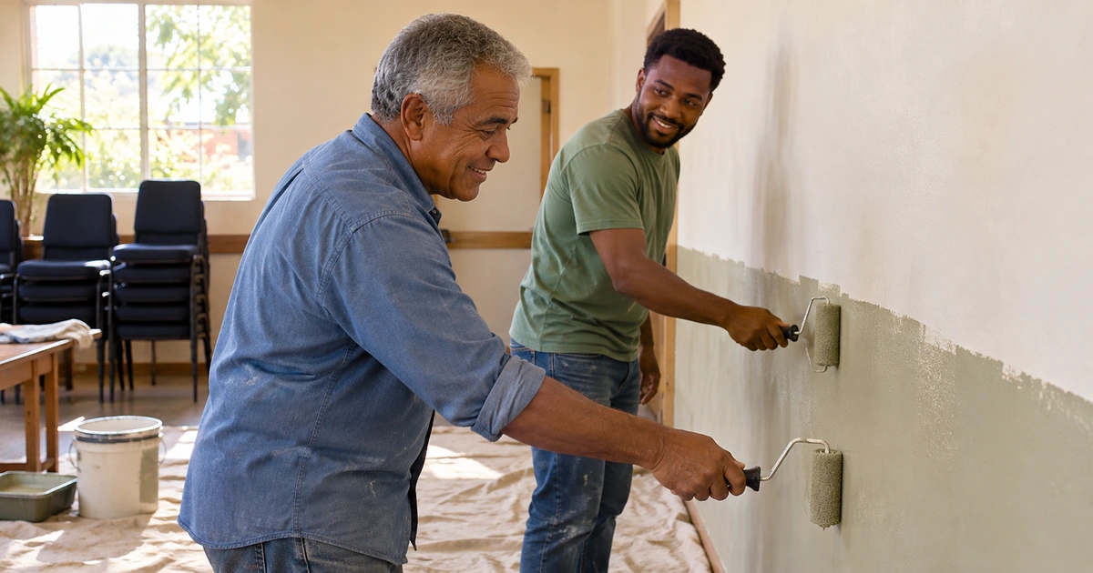 Dois homens colaboram na pintura de uma parede em uma sala de igreja, preparando juntos o ambiente.