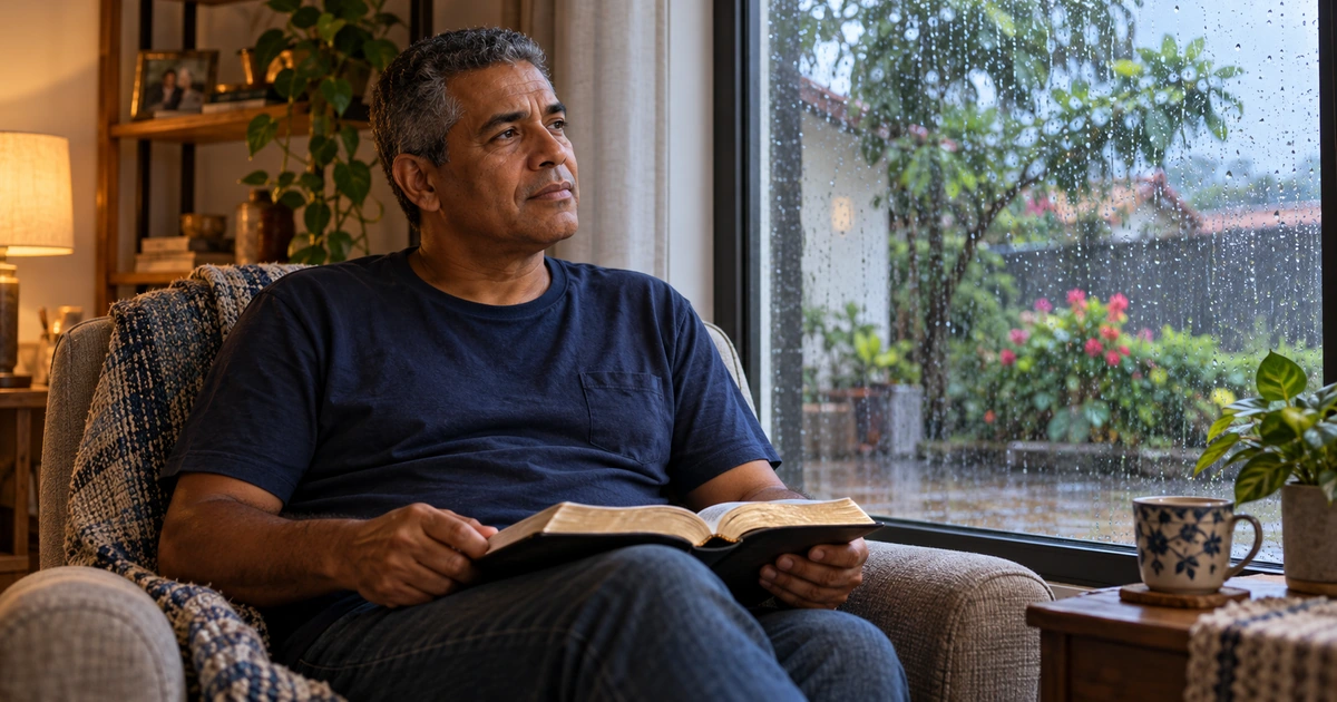 Um homem com uma Bíblia aberta no colo está sentado perto de uma janela com gotas de chuva, em atitude pensativa.