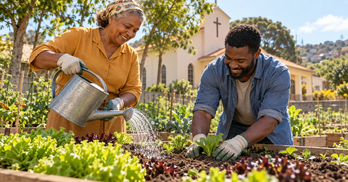 Duas pessoas cuidam de uma horta, uma regando as plantas e outra colocando uma muda na terra.