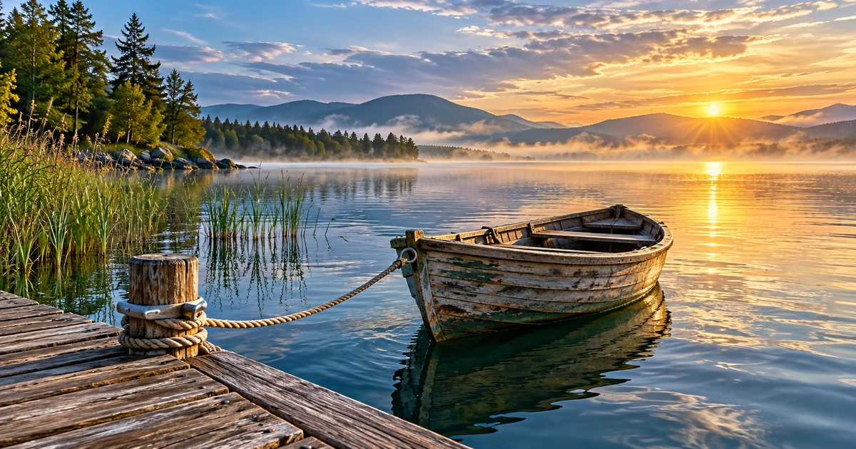 Um pequeno barco está amarrado com segurança junto a um píer em um lago tranquilo ao amanhecer.