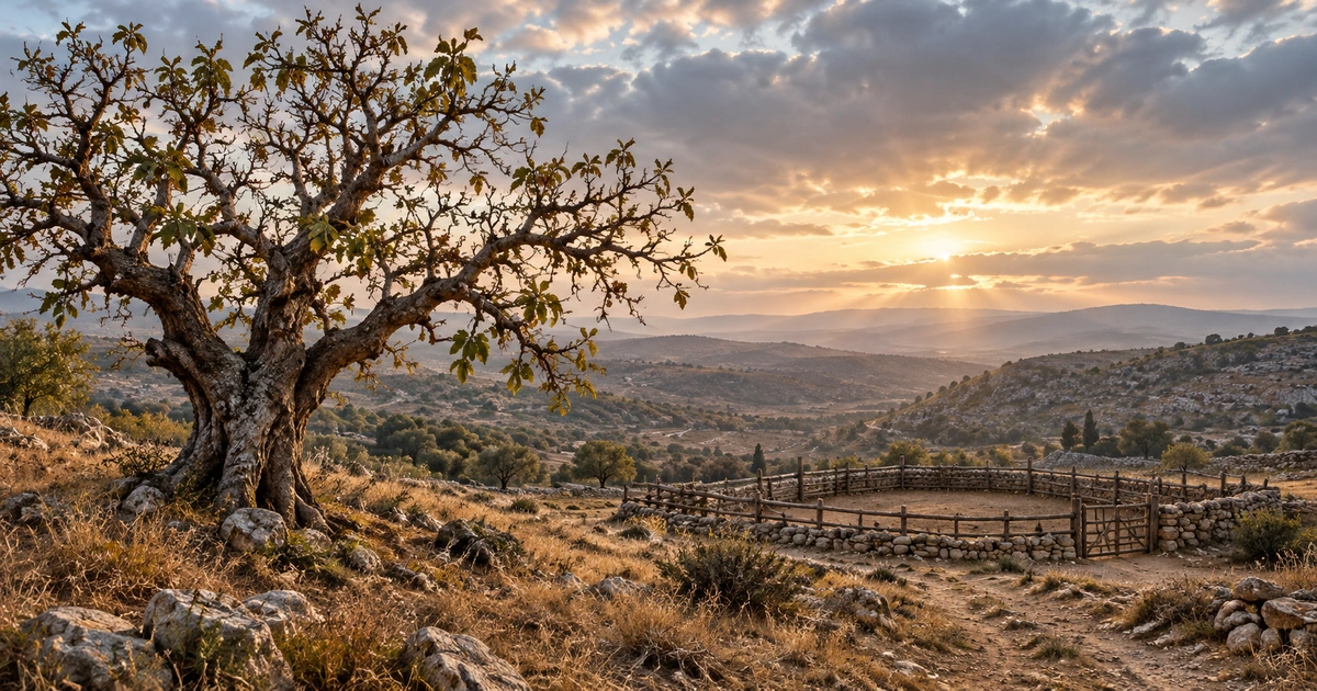 Uma árvore sem frutos e um campo seco aparecem em uma paisagem rural sob a luz suave do início do dia.