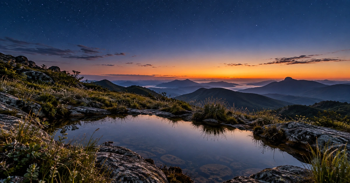Um céu de fim de madrugada se abre sobre montanhas e um pequeno espelho de água entre pedras e vegetação.