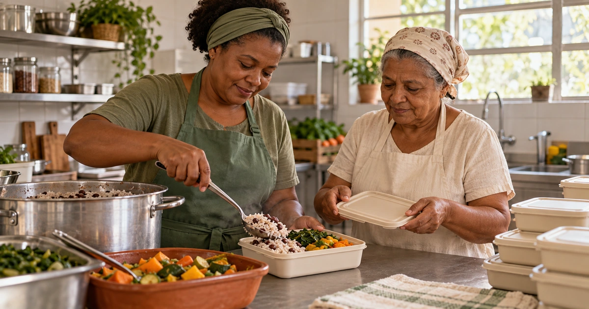 Duas voluntárias preparam porções de alimento em uma cozinha comunitária simples e limpa.