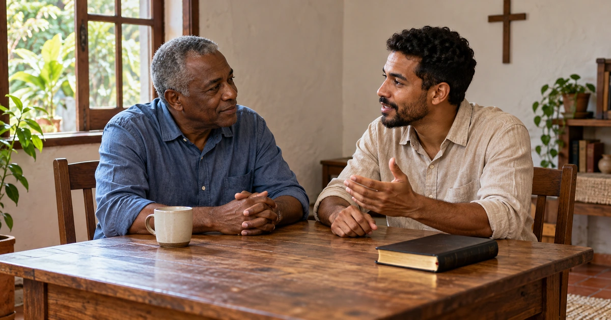 Dois homens conversam com atenção junto a uma pequena mesa em uma sala de igreja iluminada pela janela.