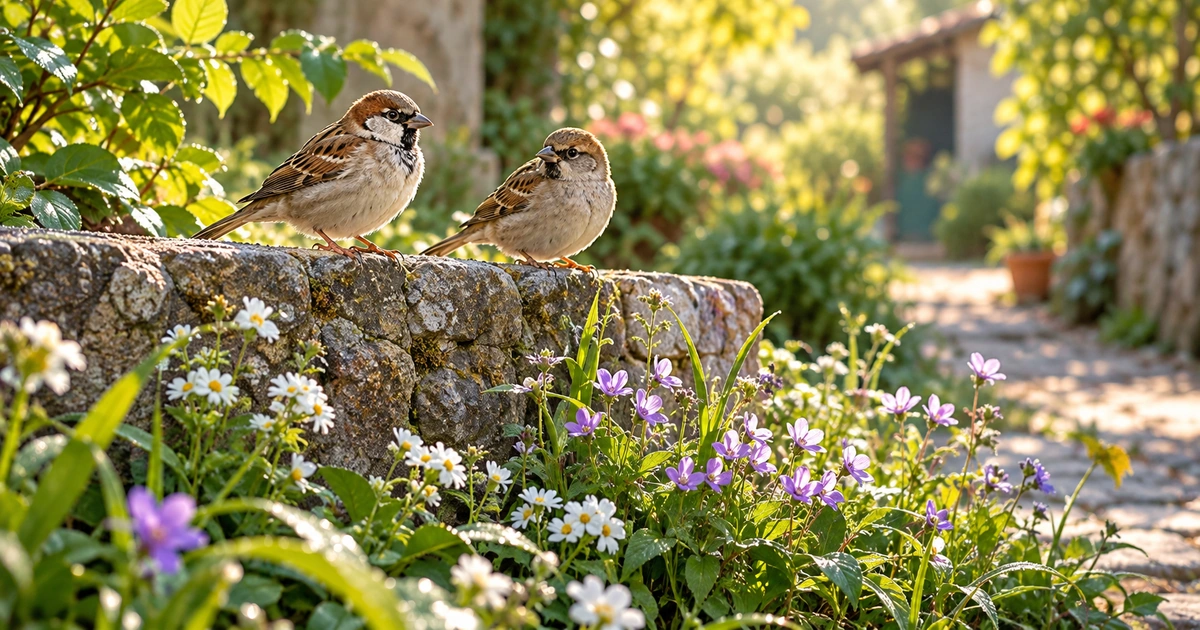 Pequenas aves pousam perto de flores de campo em um jardim iluminado pela luz da manhã.