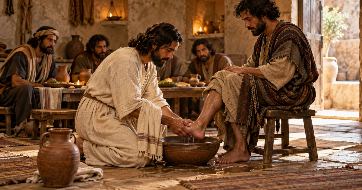 Reconstrução artística de Jesus lavando os pés de um discípulo com uma bacia e uma toalha em um ambiente antigo simples.