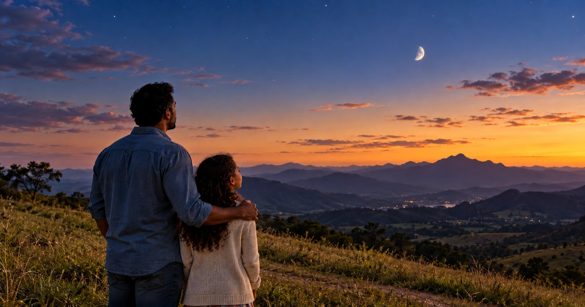Um adulto e uma criança observam a lua sobre uma paisagem ampla de montanhas e céu ao entardecer.