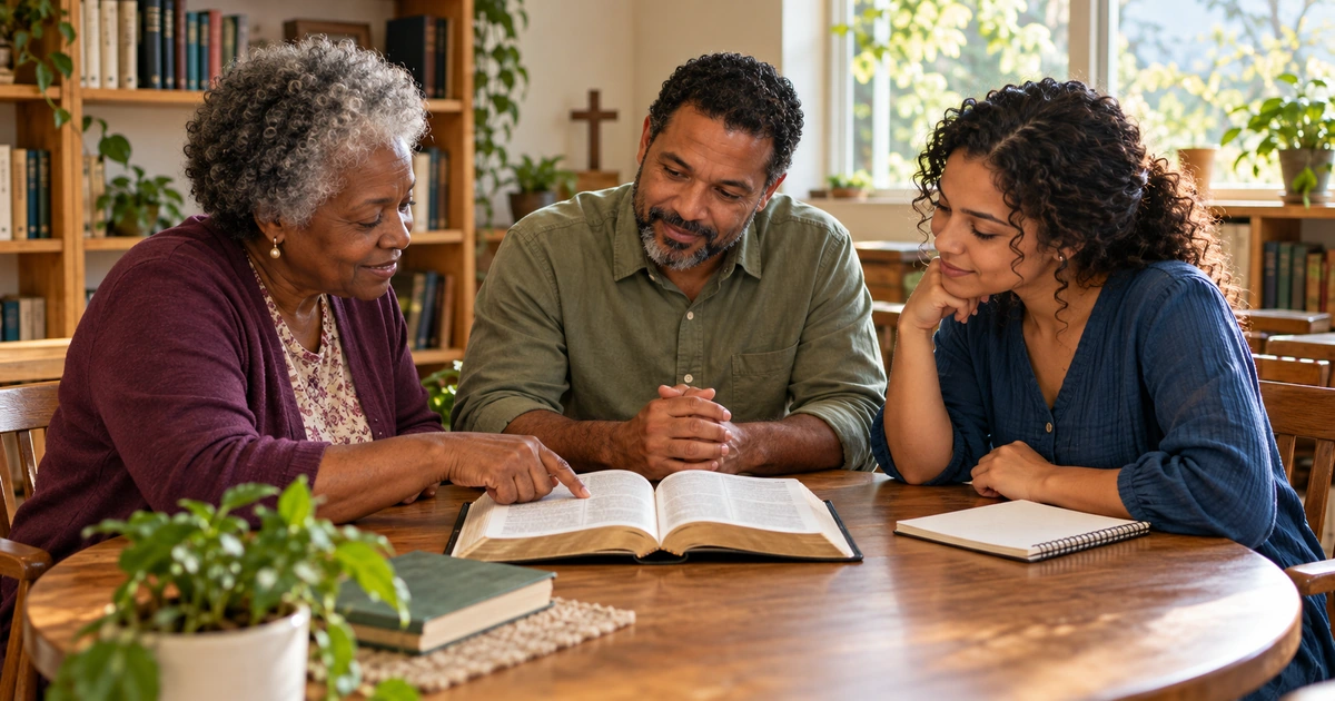 Três adultos de idades diferentes leem uma Bíblia e conversam em uma pequena sala de estudo da igreja.