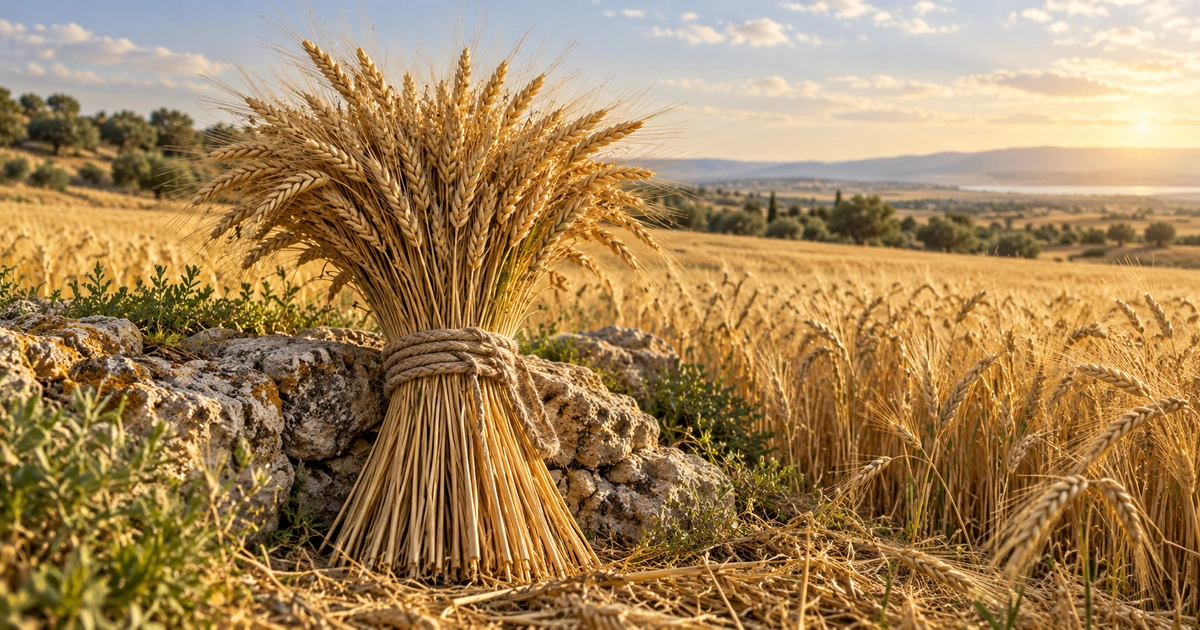 Um primeiro feixe de cereal colhido está junto a pedras, com um campo de grãos maduros ao fundo.