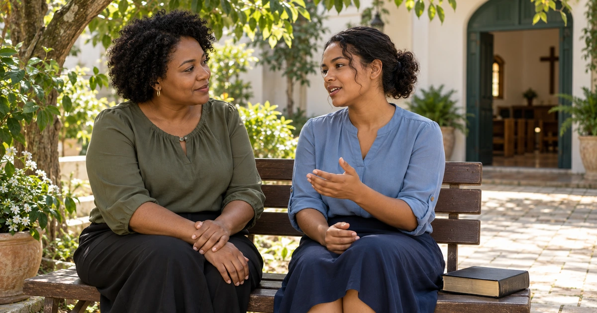 Duas mulheres conversam com acolhimento em um pátio de igreja, em um encontro simples de companhia e atenção.