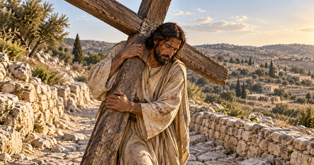 Reconstrução artística de Jesus seguindo por um caminho de pedras sob o peso de uma cruz, em uma cena de sofrimento sem detalhes gráficos.