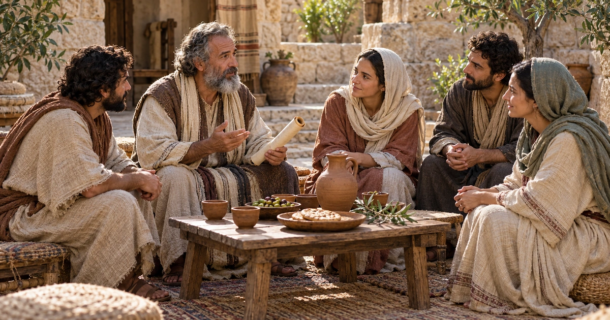 Reconstrução artística de cinco cristãos reunidos em um pátio antigo, com pão, água e um rolo de pergaminho.