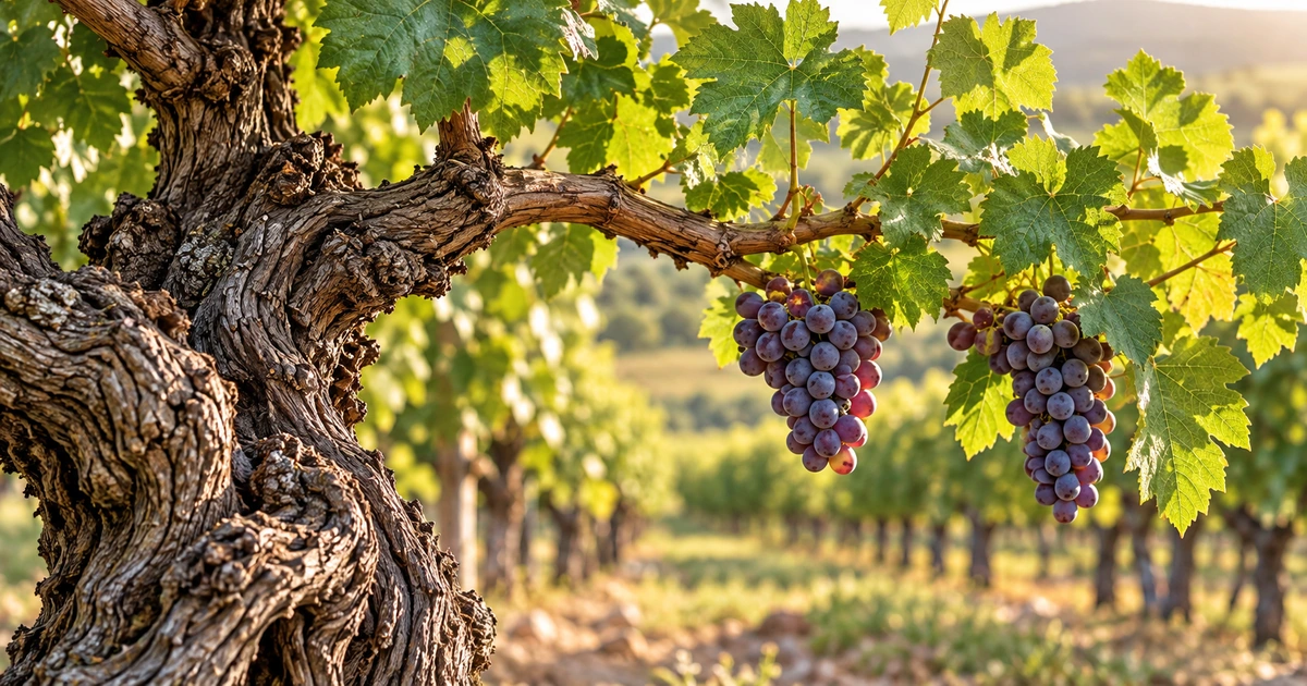 Ramos com folhas e cachos de uvas permanecem ligados ao tronco de uma videira sob luz natural.