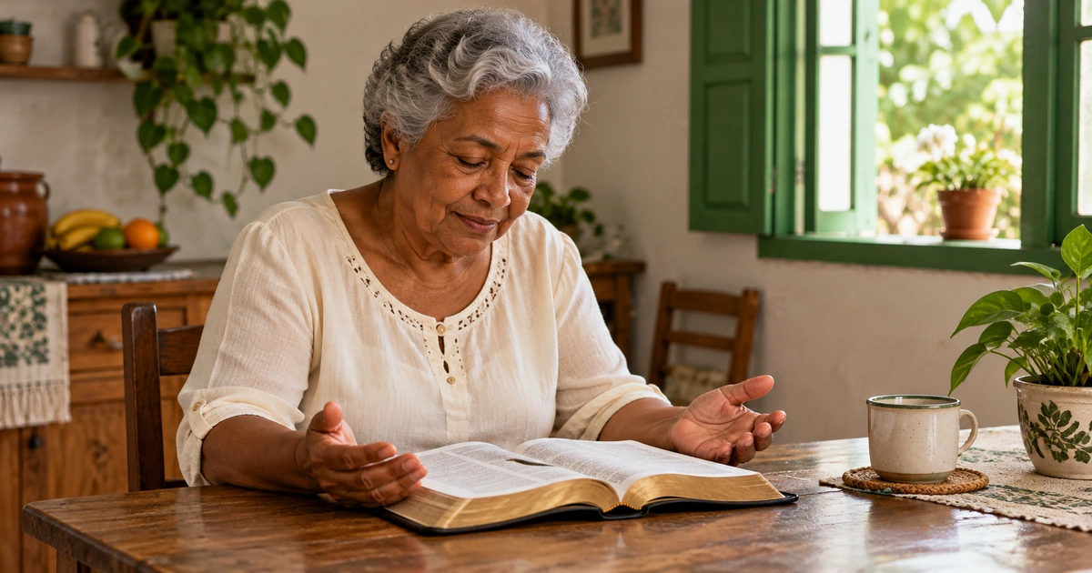 Uma mulher adulta ora em uma mesa simples, com uma Bíblia aberta e luz suave entrando pela janela.