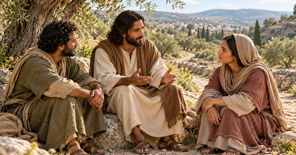 Reconstrução artística de Jesus ensinando a dois adultos em um caminho tranquilo entre árvores e pedras.